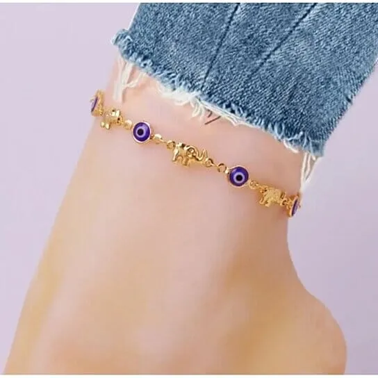 18k Gold Plated Elephant Blue Evil Eye Anklet