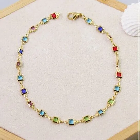 18K Gold Plated Light Multi Color Crystal Square Ankle Bracelet