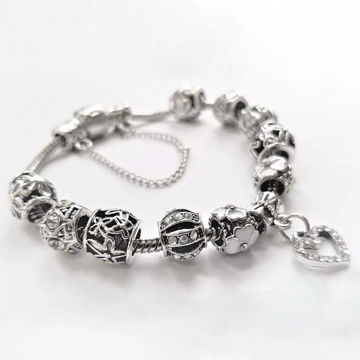 18K White Gold Plated Crystal Heart Charm Bracelet