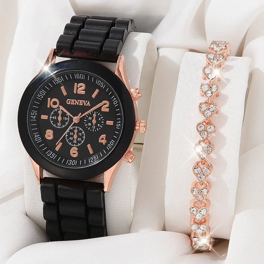 5PCS Set Luxury Watch Women Ring Necklace Earrings Rhinestone Fashion Wristwatch Female Casual Ladies Watches Bracelet Set Clock