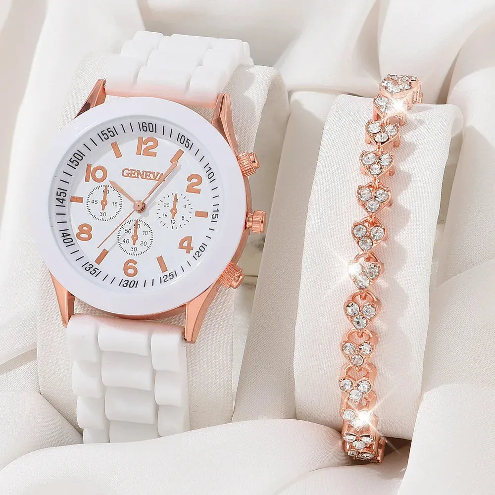 5PCS Set Luxury Watch Women Ring Necklace Earrings Rhinestone Fashion Wristwatch Female Casual Ladies Watches Bracelet Set Clock