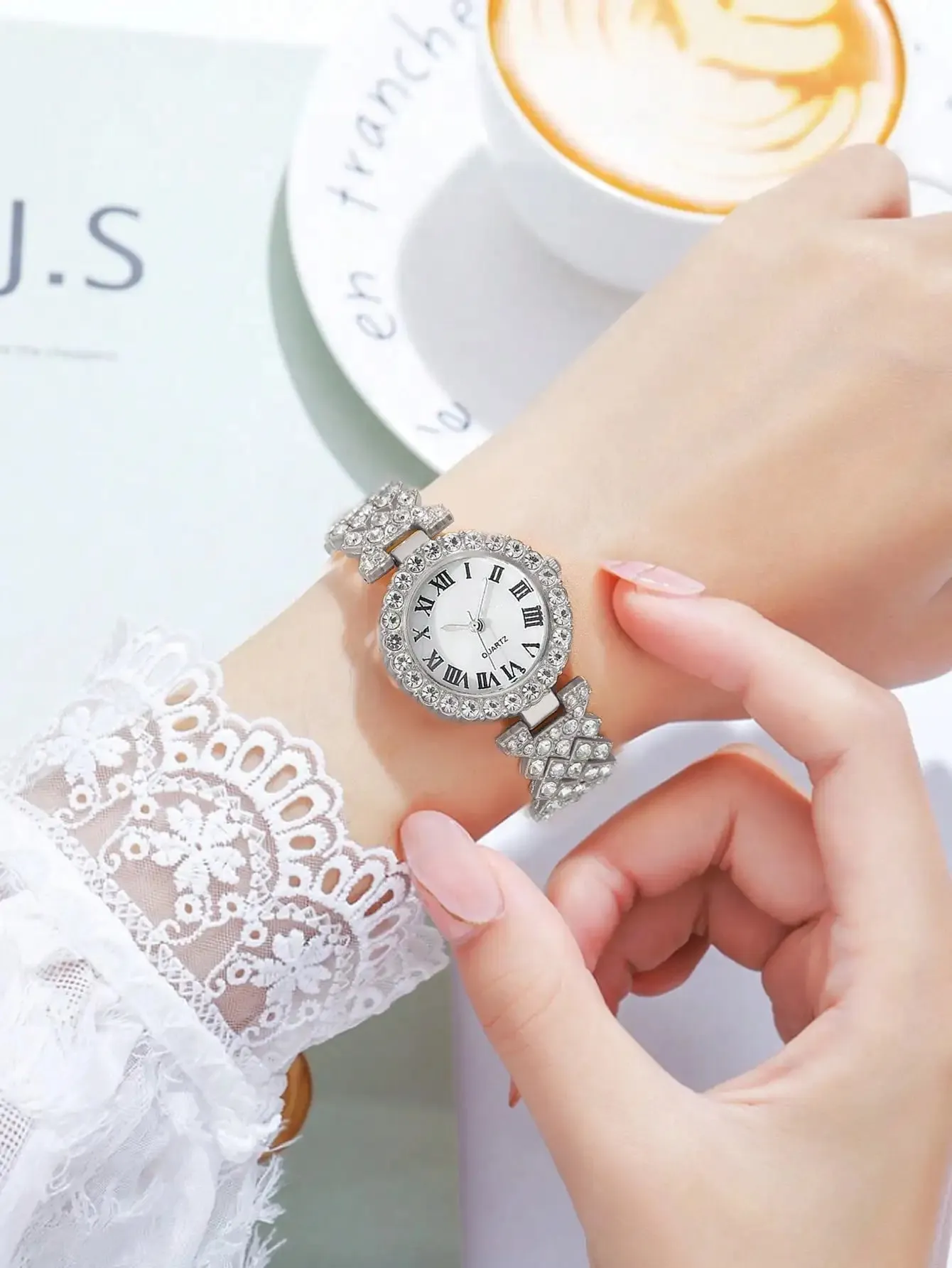 5PCS Set Watch Women Ring Necklace Earrings Rhinestone Fashion Wristwatch Female Casual Ladies Watches Bracelet Set Clock