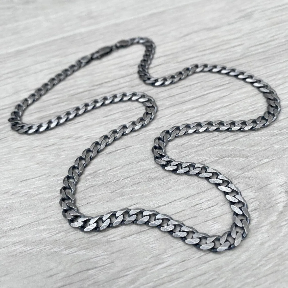 925 Sterling Silver Italian Solid Flat Cuban Curb Link Chain 5.7mm, Titanium Gunmetal Finish