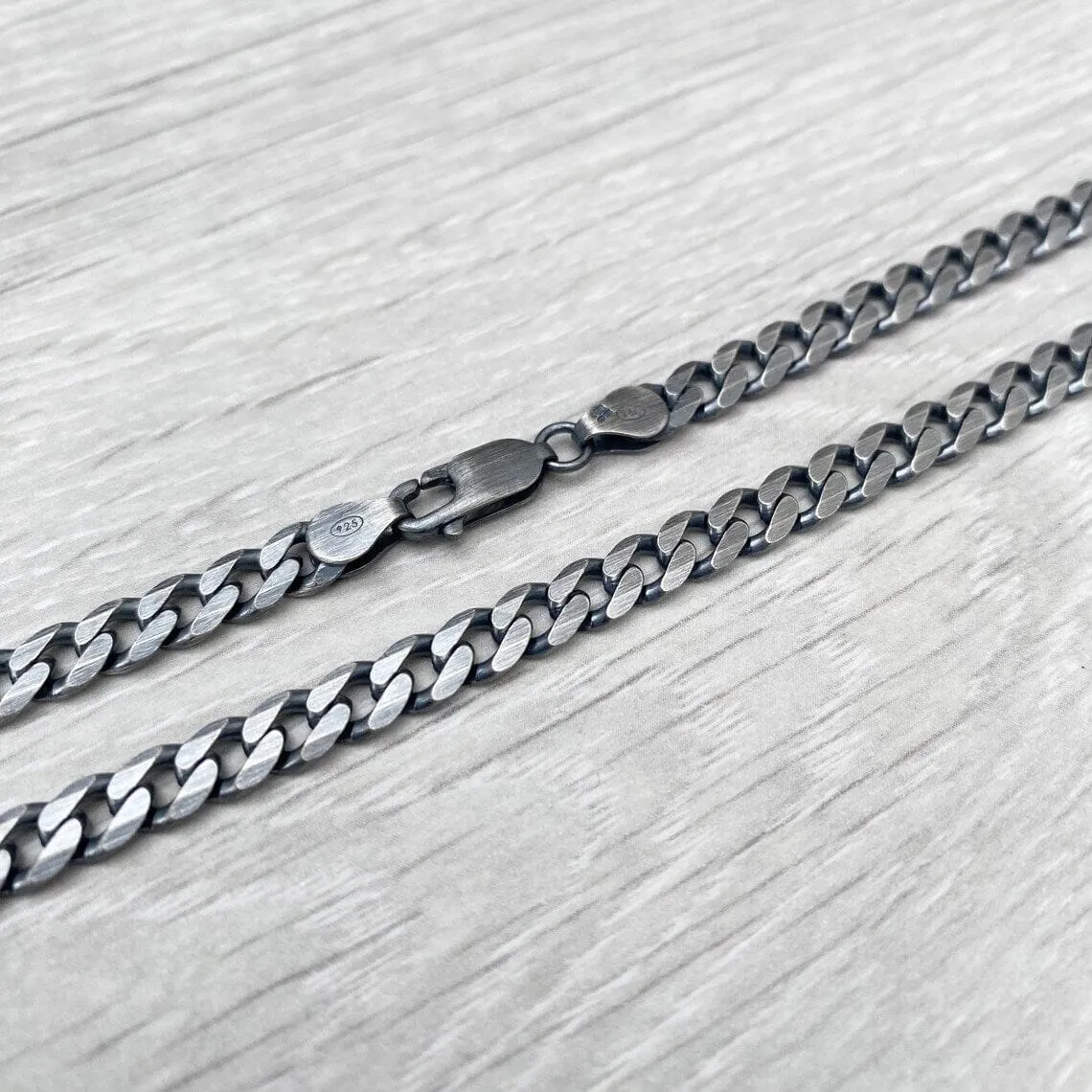 925 Sterling Silver Italian Solid Flat Cuban Curb Link Chain 5.7mm, Titanium Gunmetal Finish