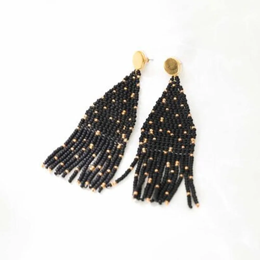 Annie Beaded Fringe Earring: Black/Gold