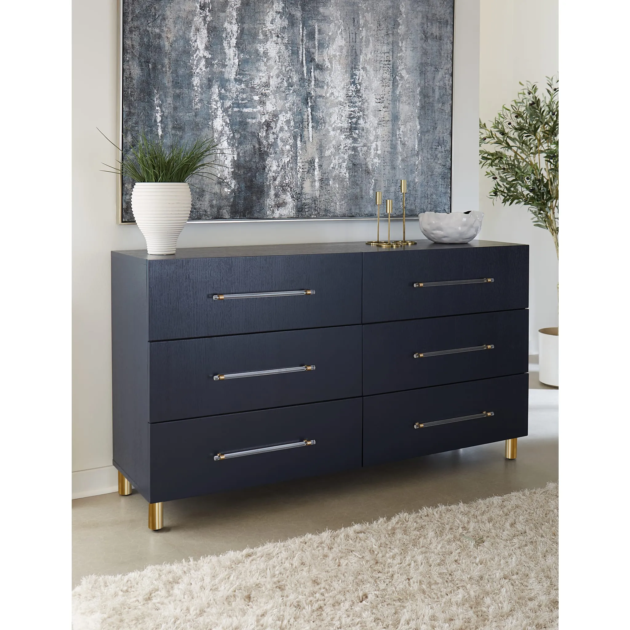 Argento Six Drawer Dresser in Navy Blue and Burnished Brass (2024)