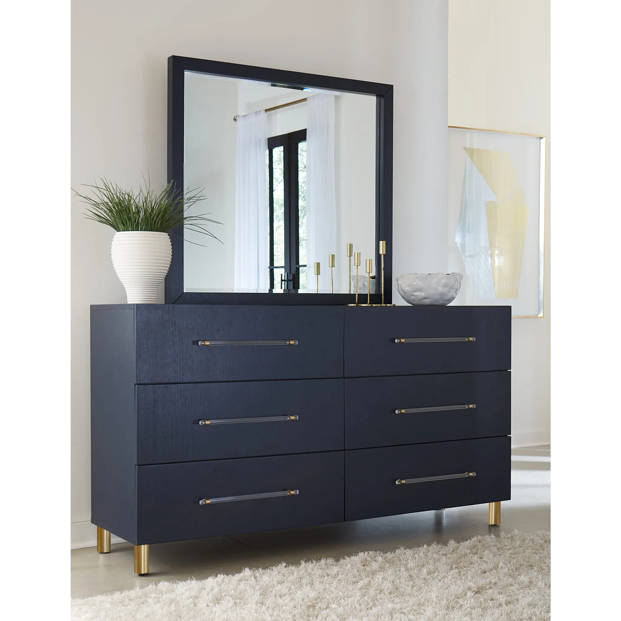 Argento Six Drawer Dresser in Navy Blue and Burnished Brass (2024)