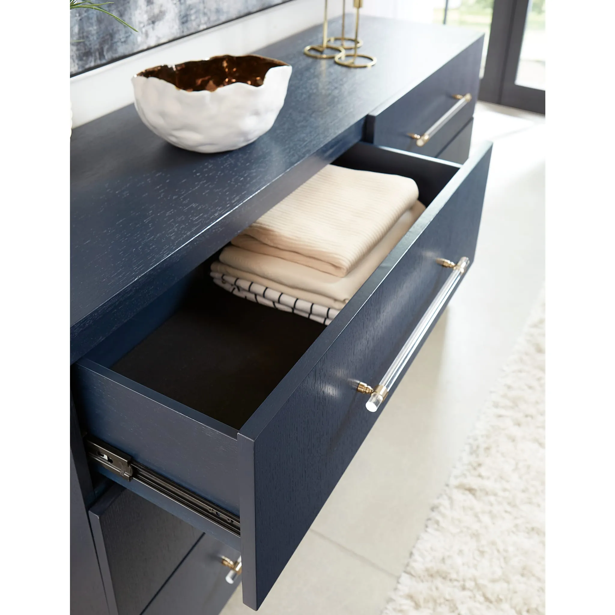 Argento Six Drawer Dresser in Navy Blue and Burnished Brass (2024)