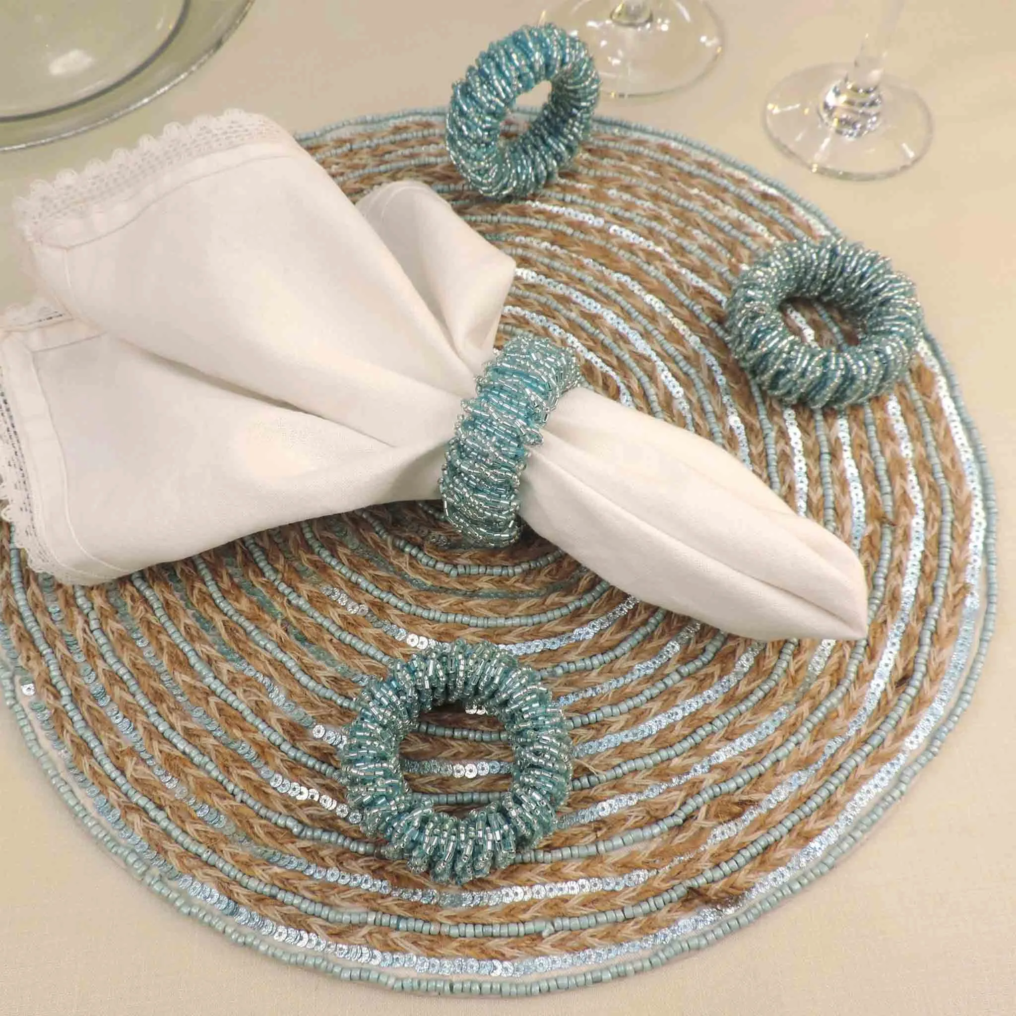 Bling-Bling Napkin Ring in Light Teal, Set of 4