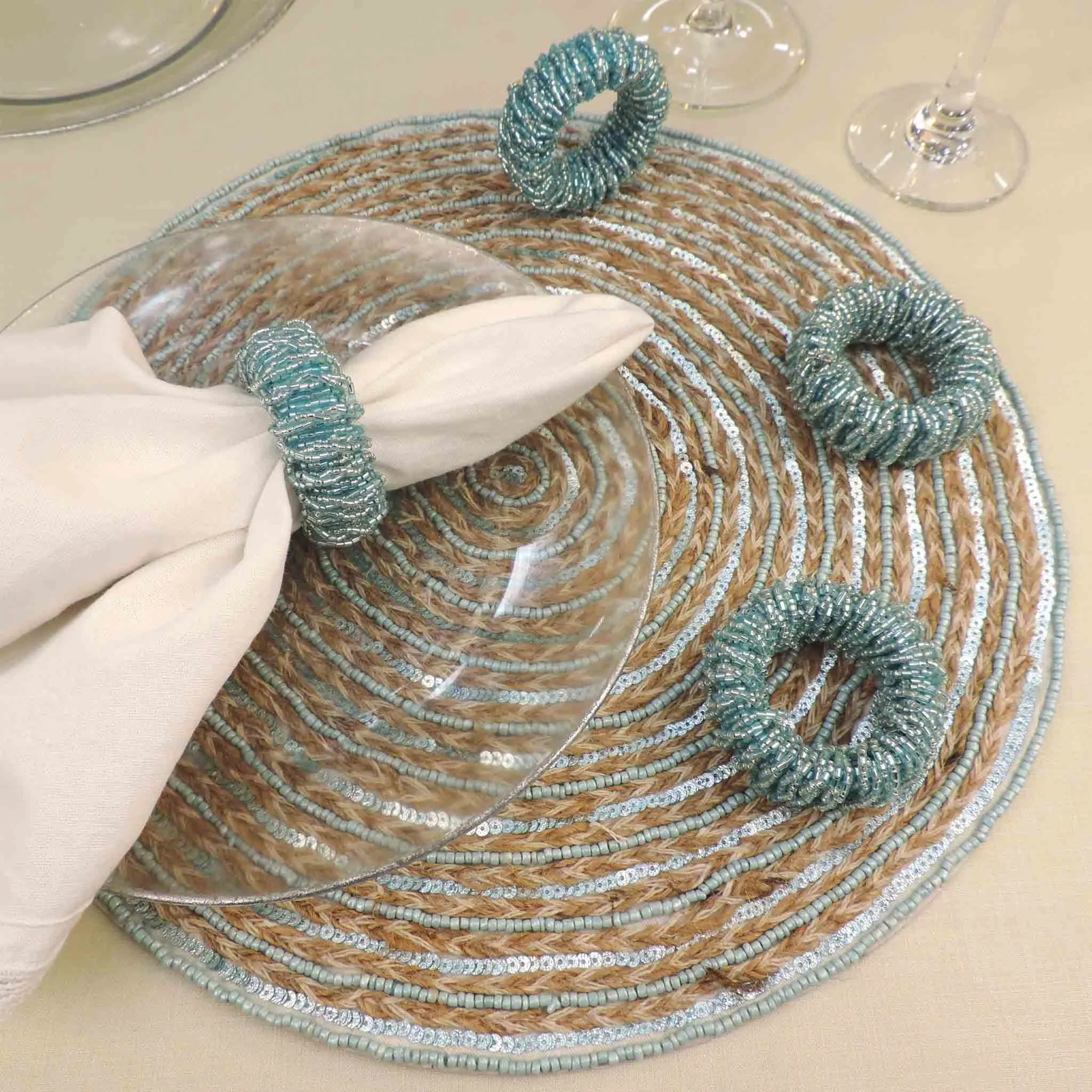 Bling-Bling Napkin Ring in Light Teal, Set of 4