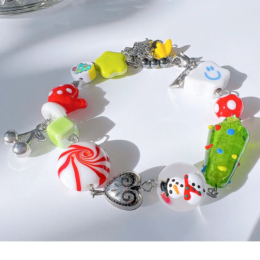 Christmas Tree Jewelry Handmade Charm Bracelet with Murano Glass Gemstones