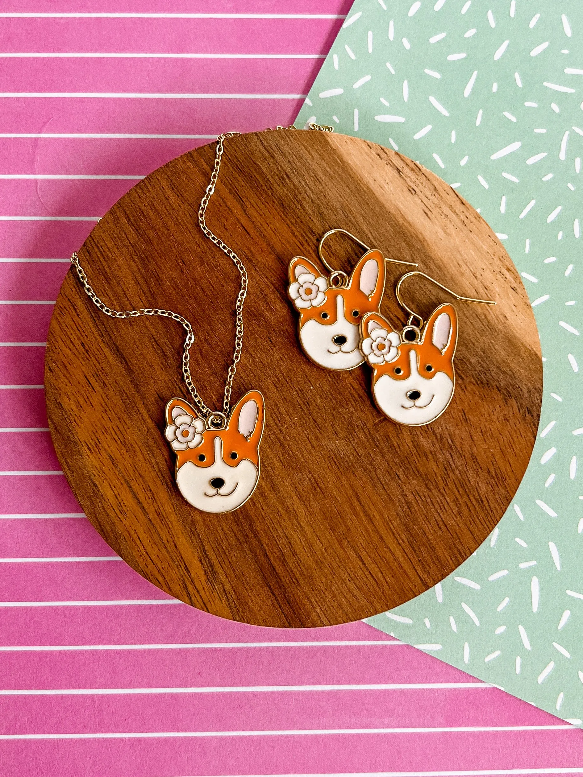 Corgi Love Necklace and Earrings