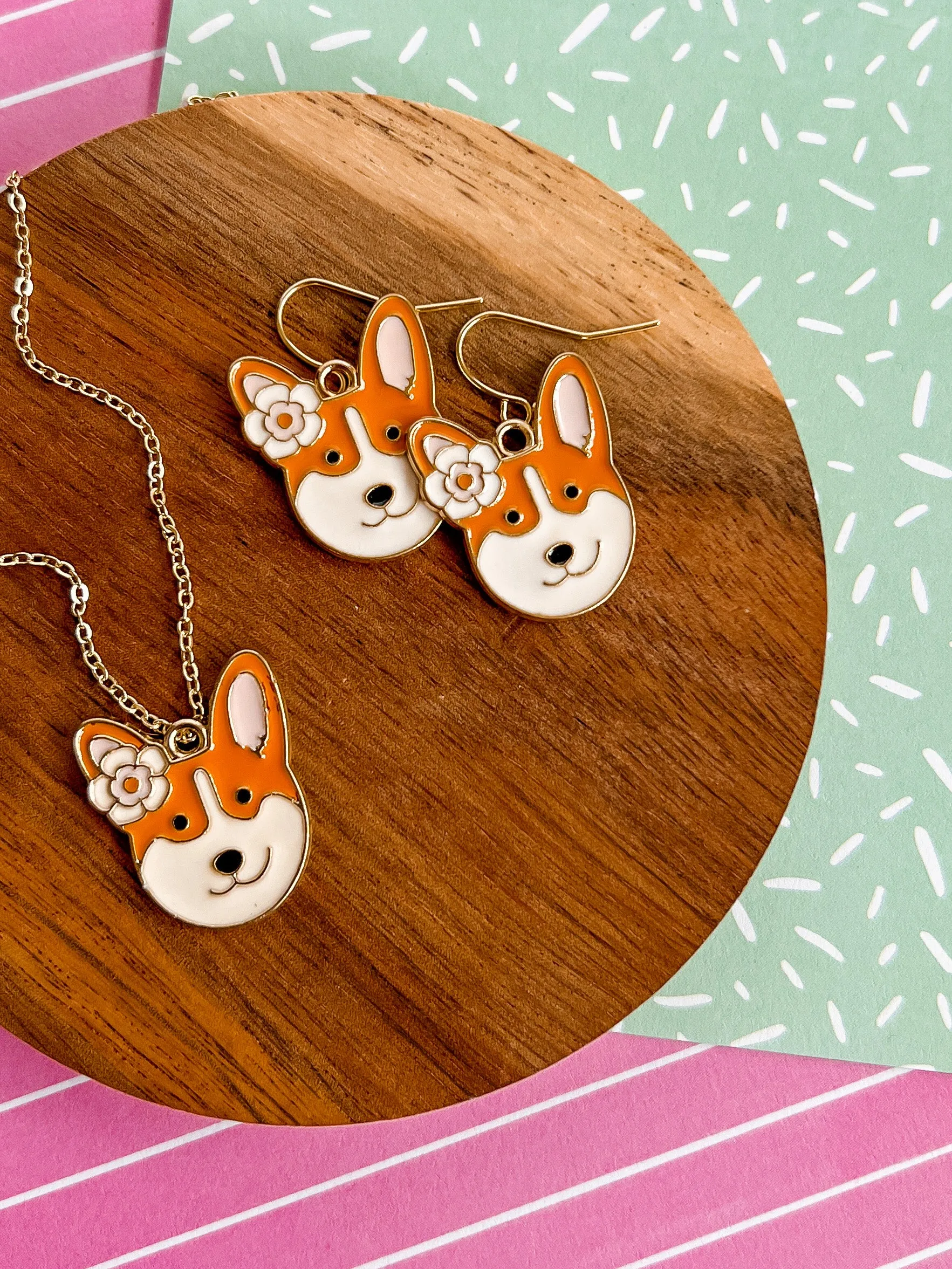 Corgi Love Necklace and Earrings