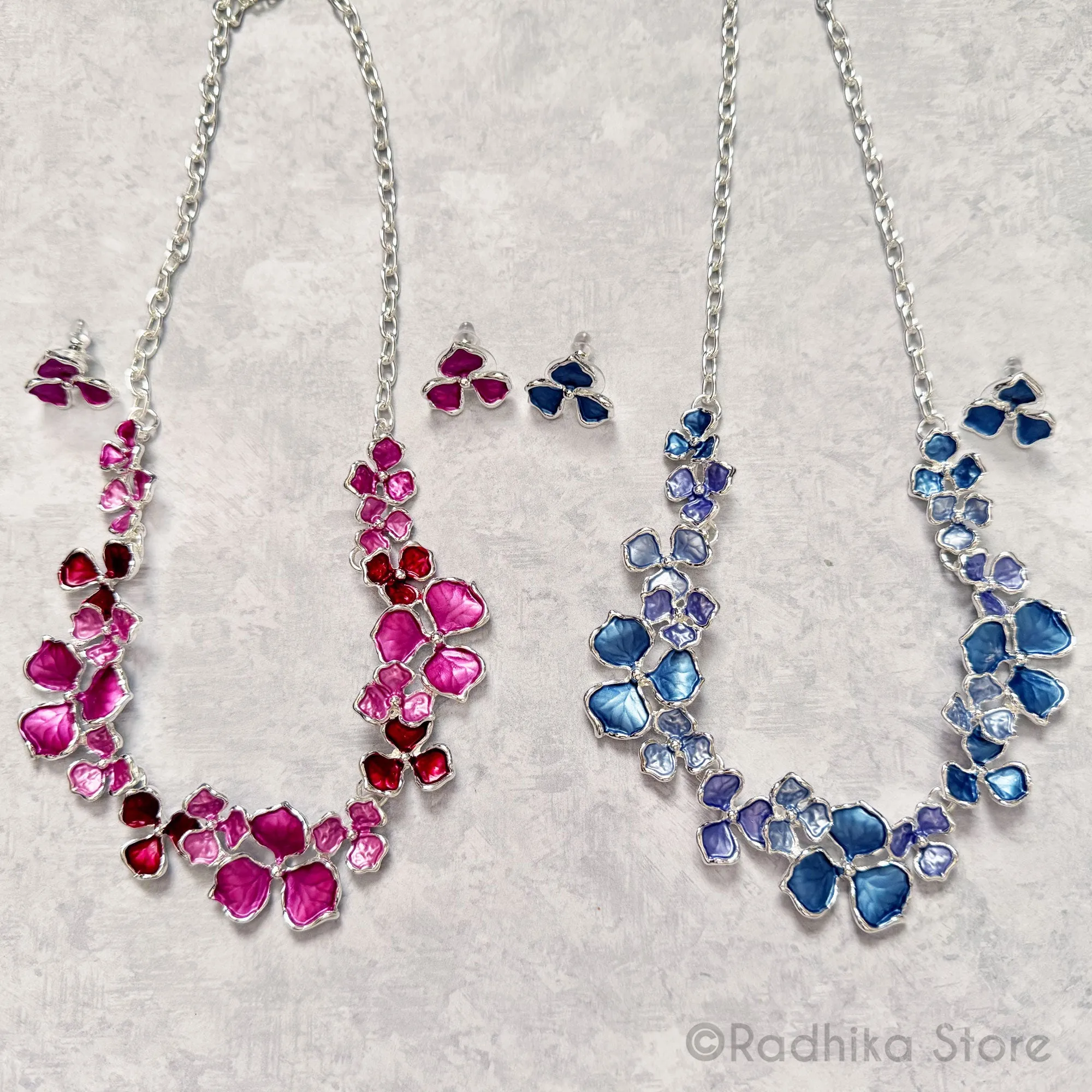 Hydrangea Flowers -Silvery With Bright Pinks or Krishna  Blues - Deity Necklace and Earrings Set -