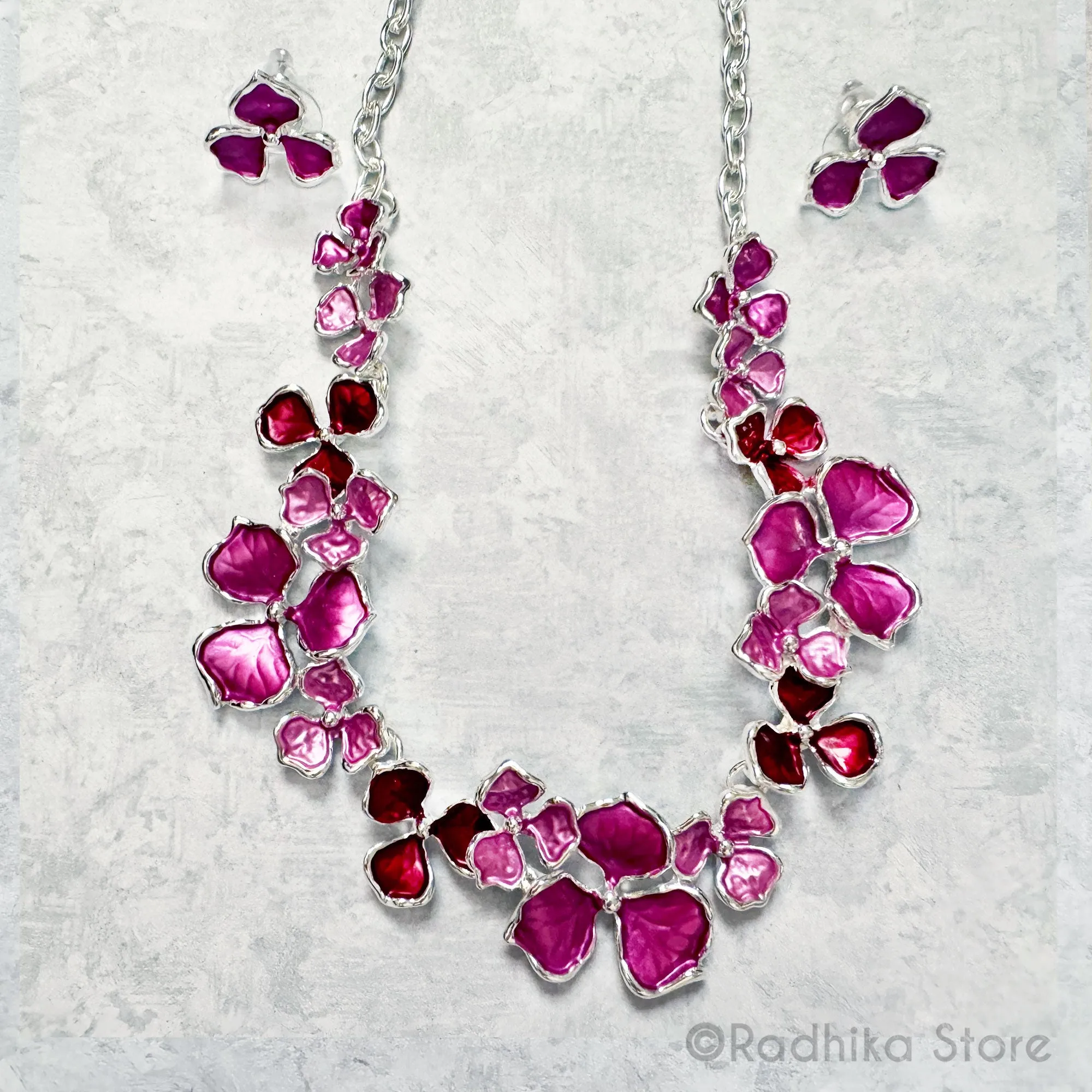 Hydrangea Flowers -Silvery With Bright Pinks or Krishna  Blues - Deity Necklace and Earrings Set -