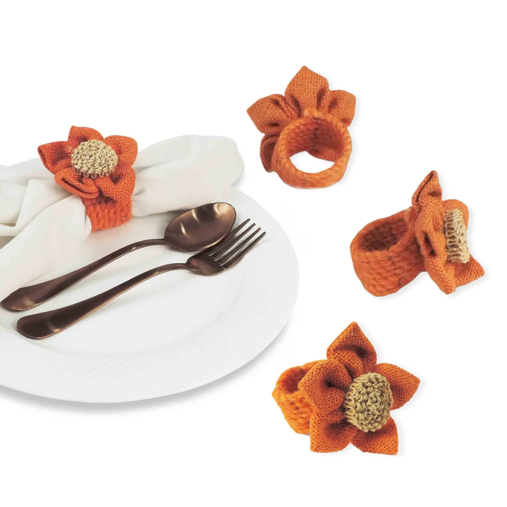 Jute Posy Napkin Ring in Orange, Set of 4