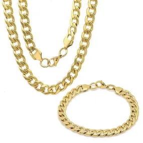 Men's 18k Gold Plated Stainless Steel Cuban Link Chain Bracelet and Necklace Set