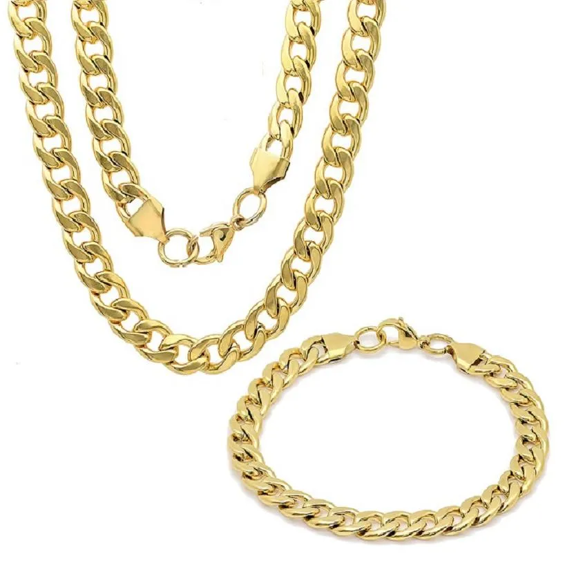 Men's 18k Gold Plated Stainless Steel Cuban Link Chain Bracelet and Necklace Set