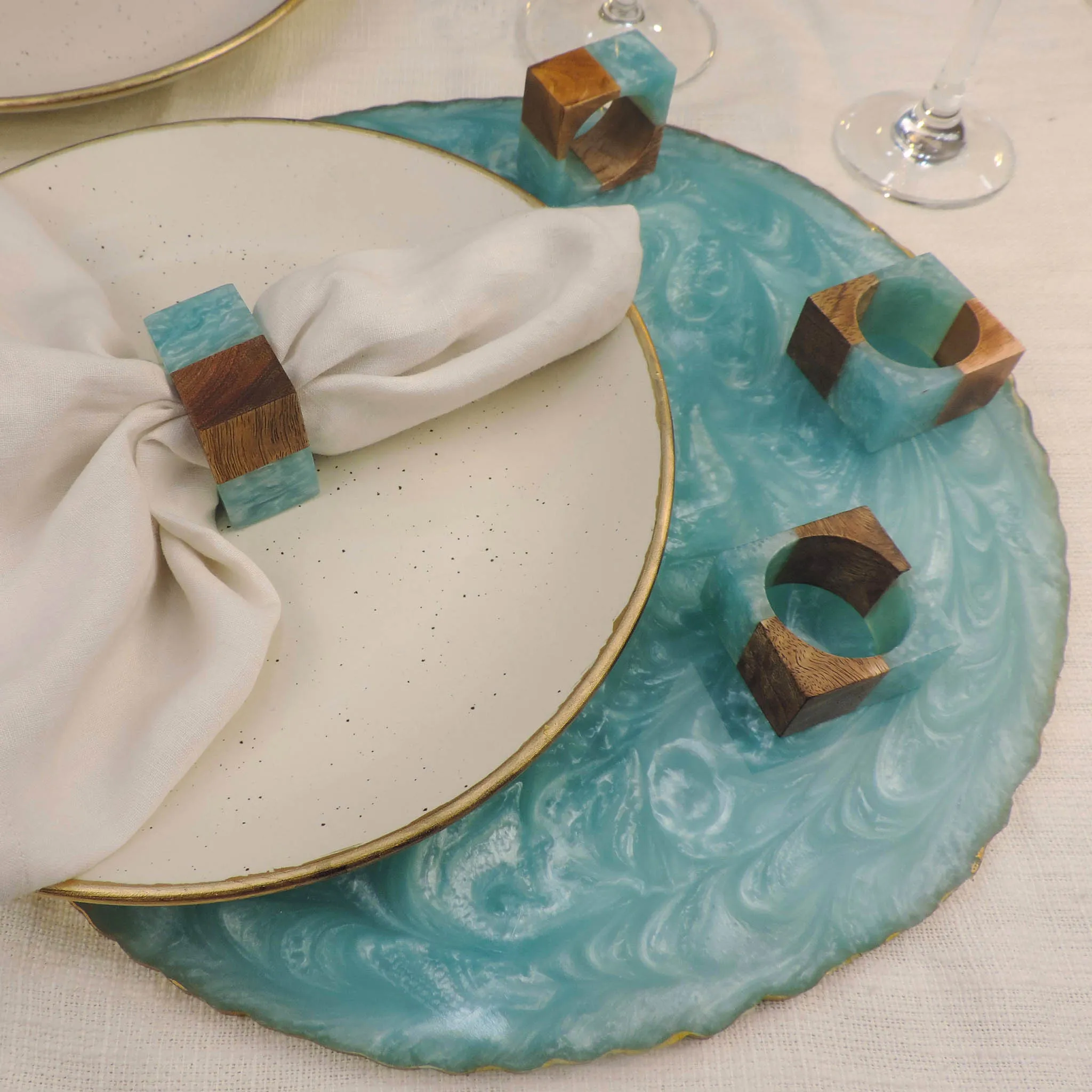 Natural Mango Wood Resin Napkin Ring in Aqua, Set of 4