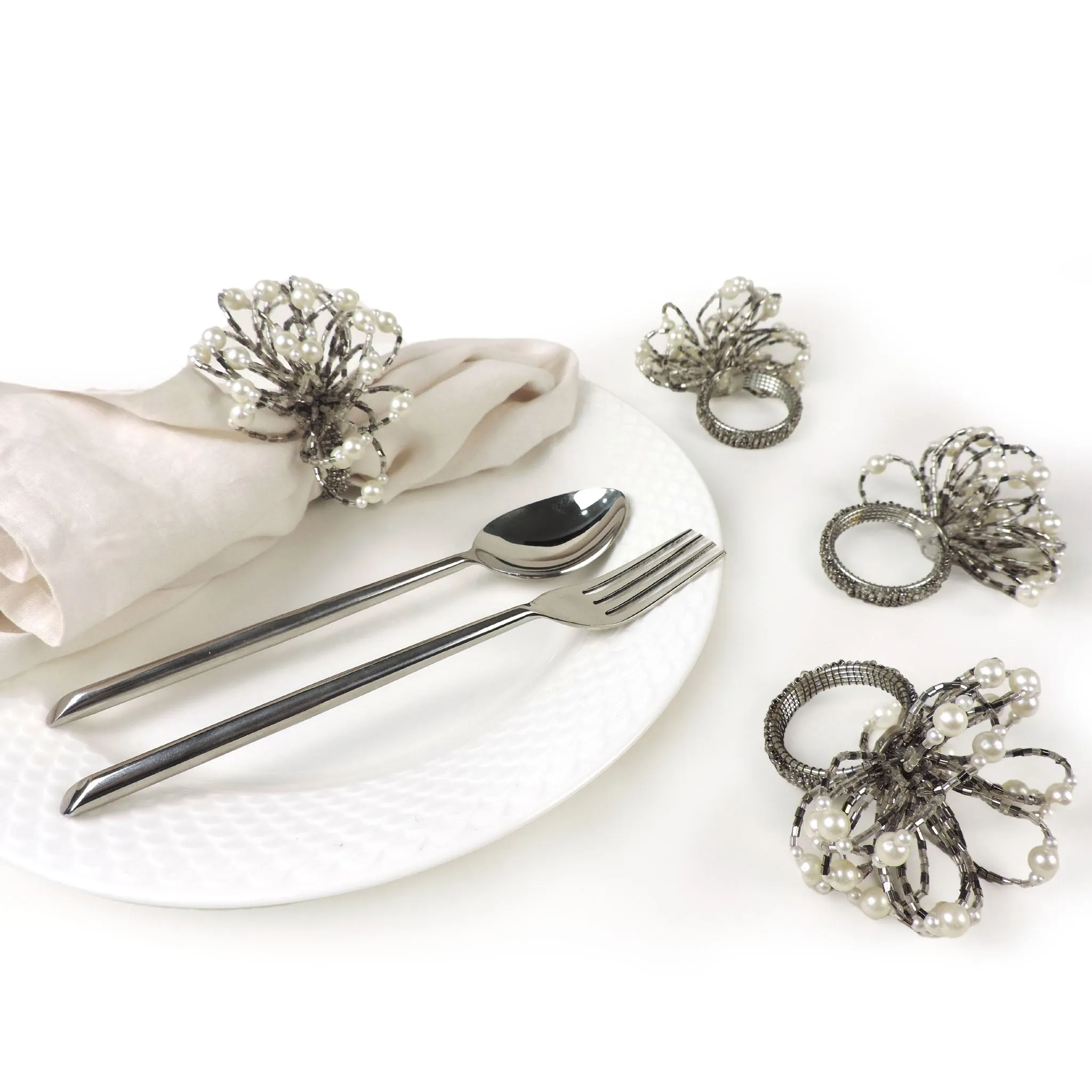 Pearl Flower Napkin Ring in Smoke, Set of 4