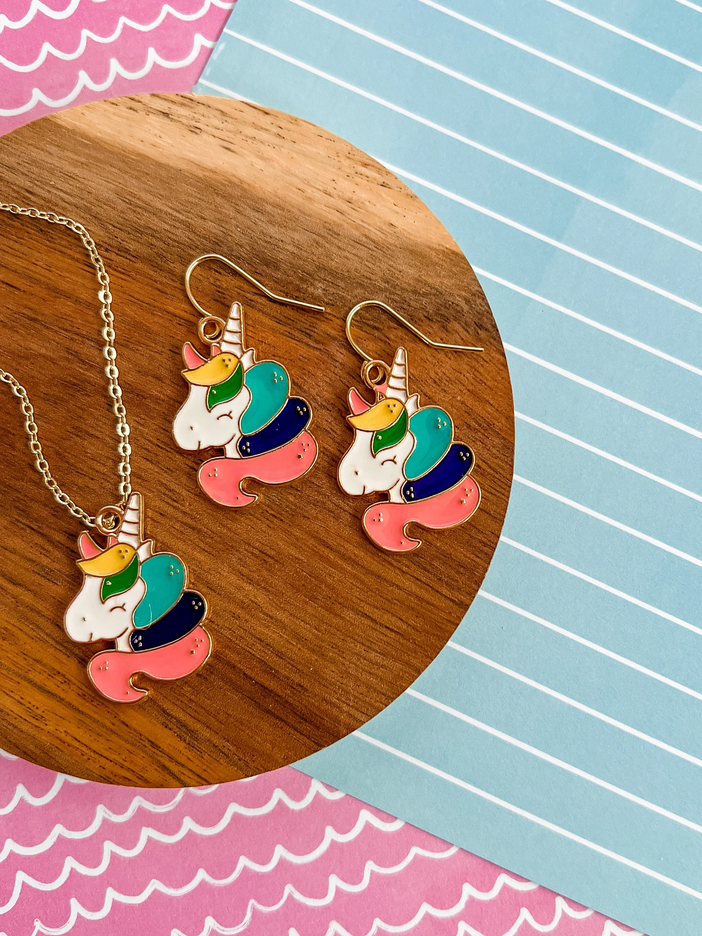 Rainbow Fluffer Unicorn Necklace and Earrings