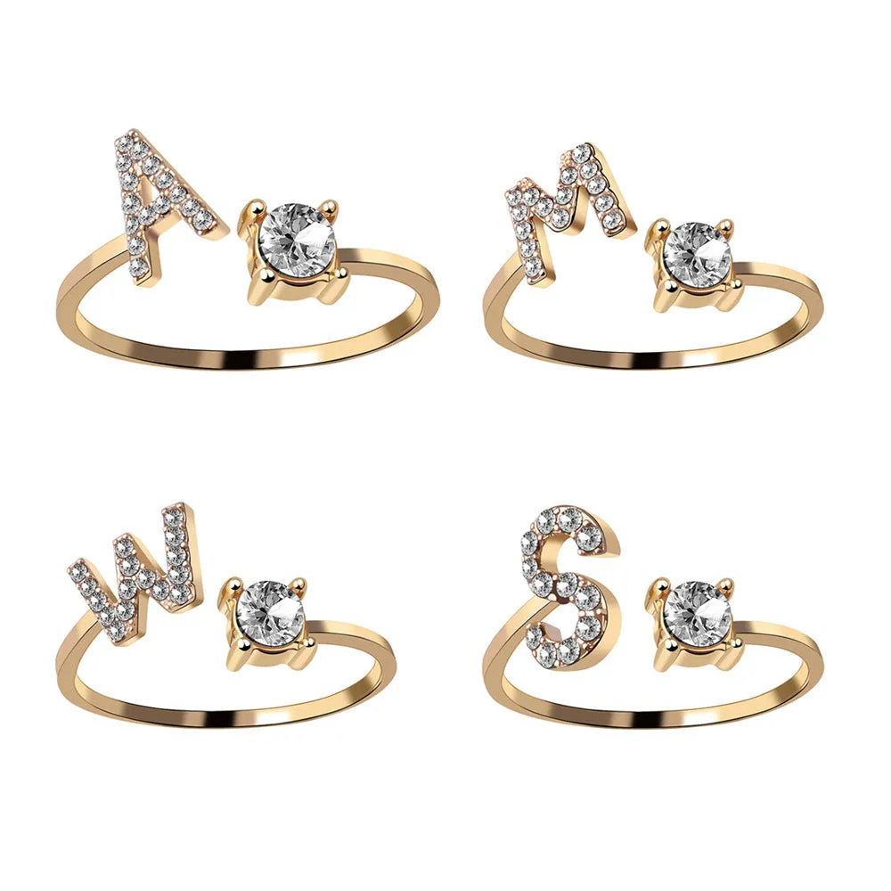 Women's and Girl's Adjustable Glitzy Ring with Personalized Letter in silver and gold